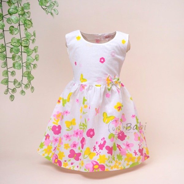 Đầm hoa bướm vải xô dễ thương cho bé gái