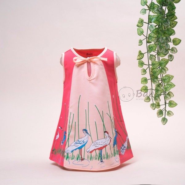 Đầm thun cát in hạc cho bé gái